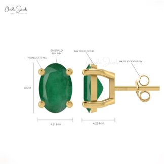 Delicate Emerald Solitaire Earrings 14k Real Gold Push Back Studs For Bridesmaid Gift
