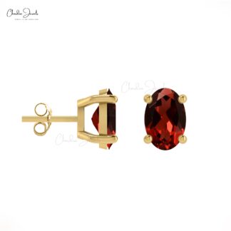 Delicate Garnet Solitaire Earrings 14k Gold 1.16Ct Oval Gemstone Hallmark Jewelry
