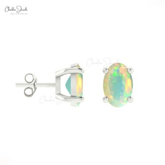 Single Stone Earrings With Opal Gemstone 14k Real Gold Solitaire Earrings For Wedding Gift