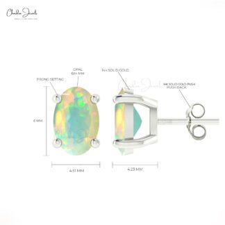 Single Stone Earrings With Opal Gemstone 14k Real Gold Solitaire Earrings For Wedding Gift