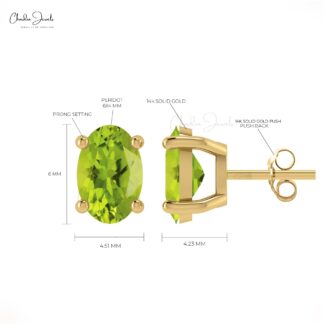 Prong Set 1.44ct Peridot Solitaire Studs 14k Real Gold Light Weight Gemstone Stud Earrings