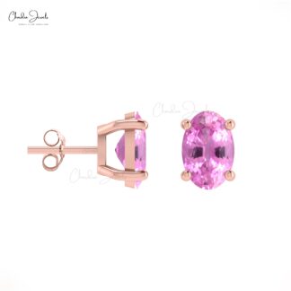 Solitaire Handmade Earring With 6x4mm Pink Sapphire Prong Set Studs In 14k Pure Gold