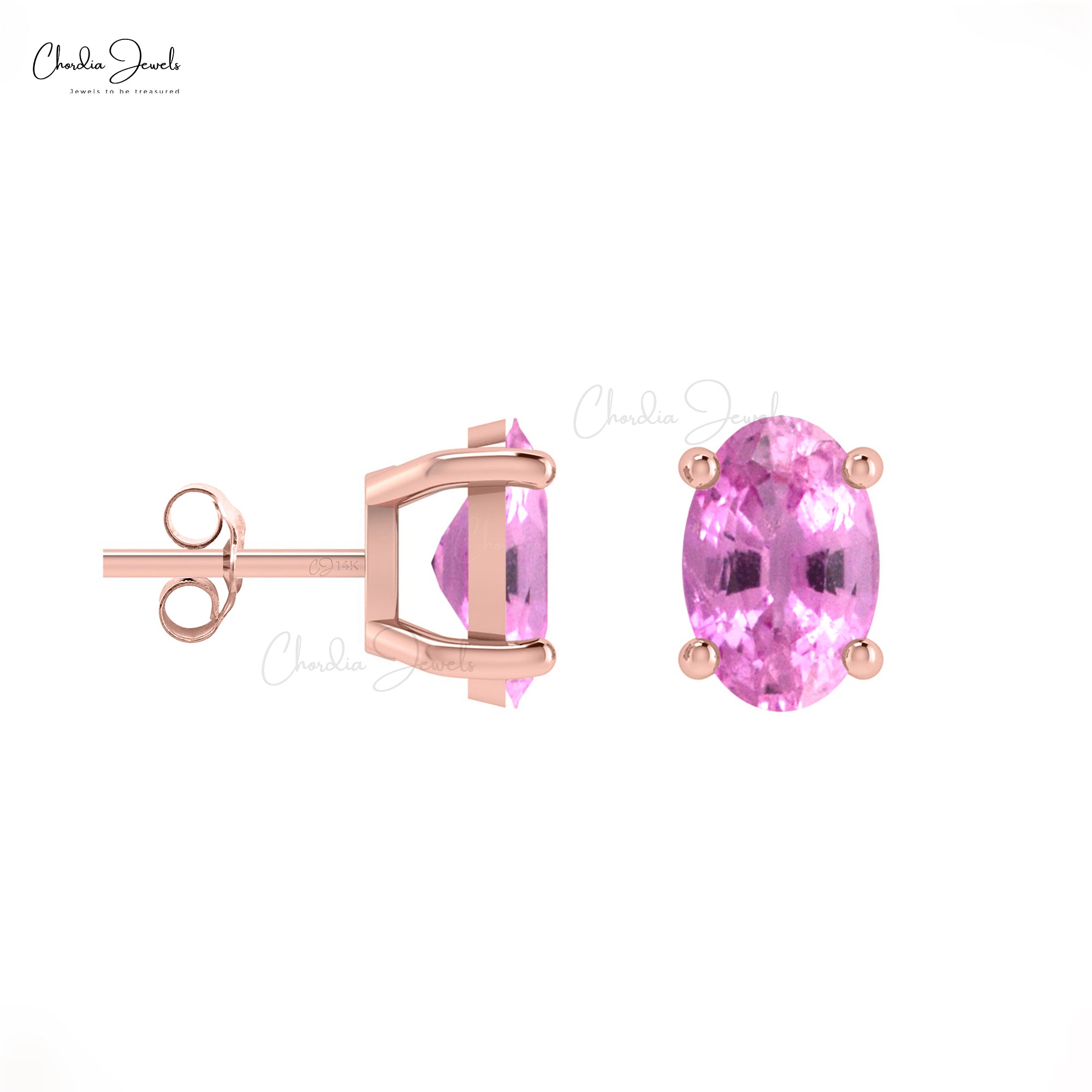 Solitaire Handmade Earring With 6x4mm Pink Sapphire Prong Set Studs In 14k Pure Gold