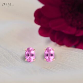 Solitaire Handmade Earring With 6x4mm Pink Sapphire Prong Set Studs In 14k Pure Gold