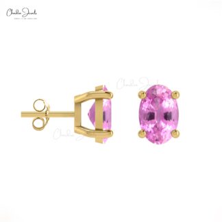 Solitaire Handmade Earring With 6x4mm Pink Sapphire Prong Set Studs In 14k Pure Gold