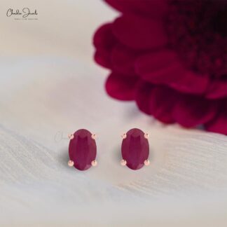 Solitaire 0.82Ct Oval Burma Ruby July Birthstone Accents in 14k Solid Gold Studs For Love