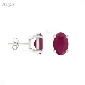 Solitaire 0.82Ct Oval Burma Ruby July Birthstone Accents in 14k Solid Gold Studs For Love