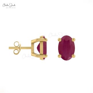 Solitaire 0.82Ct Oval Burma Ruby July Birthstone Accents in 14k Solid Gold Studs For Love