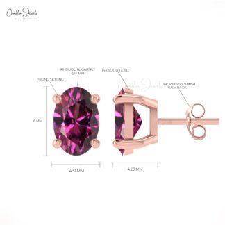 Solid 14k Gold Solitaire Earrings Natural 6X4MM Rhodolite Garnet Elegant Studs For Gift