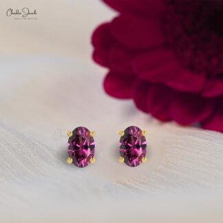Solid 14k Gold Solitaire Earrings Natural 6X4MM Rhodolite Garnet Elegant Studs For Gift