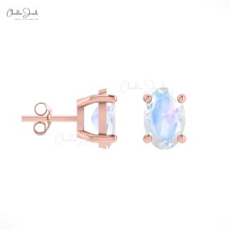Single Stone Push Back Studs In 14k Pure Gold Rainbow Moonstone Solitaire Earrings