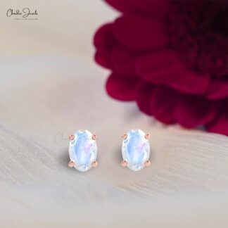 Single Stone Push Back Studs In 14k Pure Gold Rainbow Moonstone Solitaire Earrings
