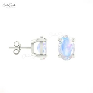 Single Stone Push Back Studs In 14k Pure Gold Rainbow Moonstone Solitaire Earrings