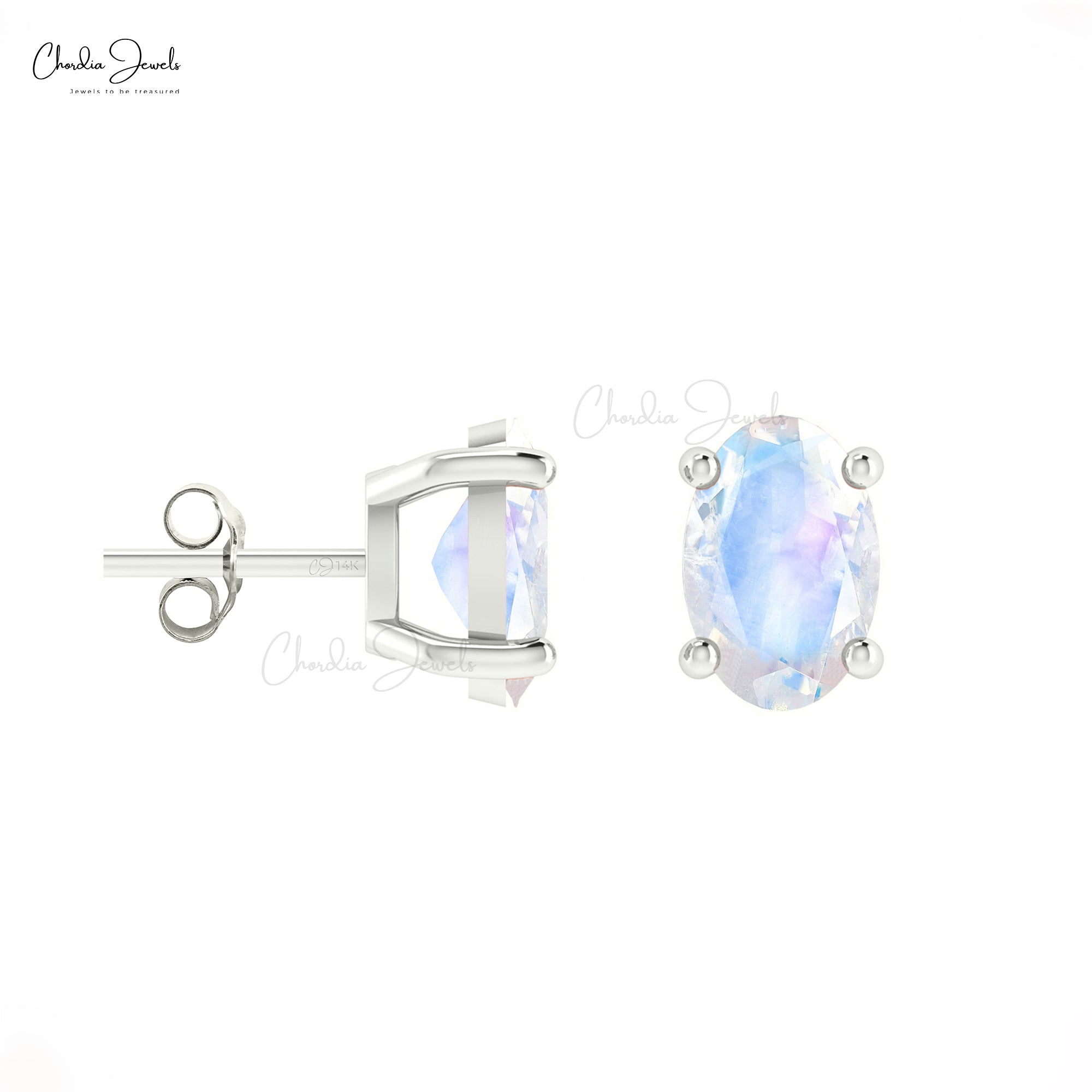 Single Stone Push Back Studs In 14k Pure Gold Rainbow Moonstone Solitaire Earrings