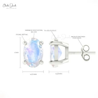 Single Stone Push Back Studs In 14k Pure Gold Rainbow Moonstone Solitaire Earrings