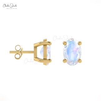 Single Stone Push Back Studs In 14k Pure Gold Rainbow Moonstone Solitaire Earrings