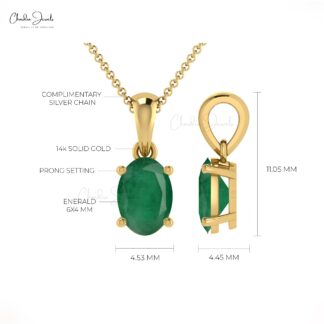 Oval Dangle Charm With 6x4mm Zambian Emerald Prong Set In 14k Solid Gold Pendant