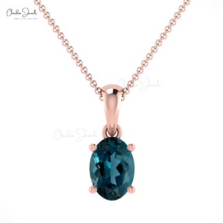 Solitaire Women Pendant In 14k Real Gold London Blue Topaz 6x4mm Gemstone Necklace