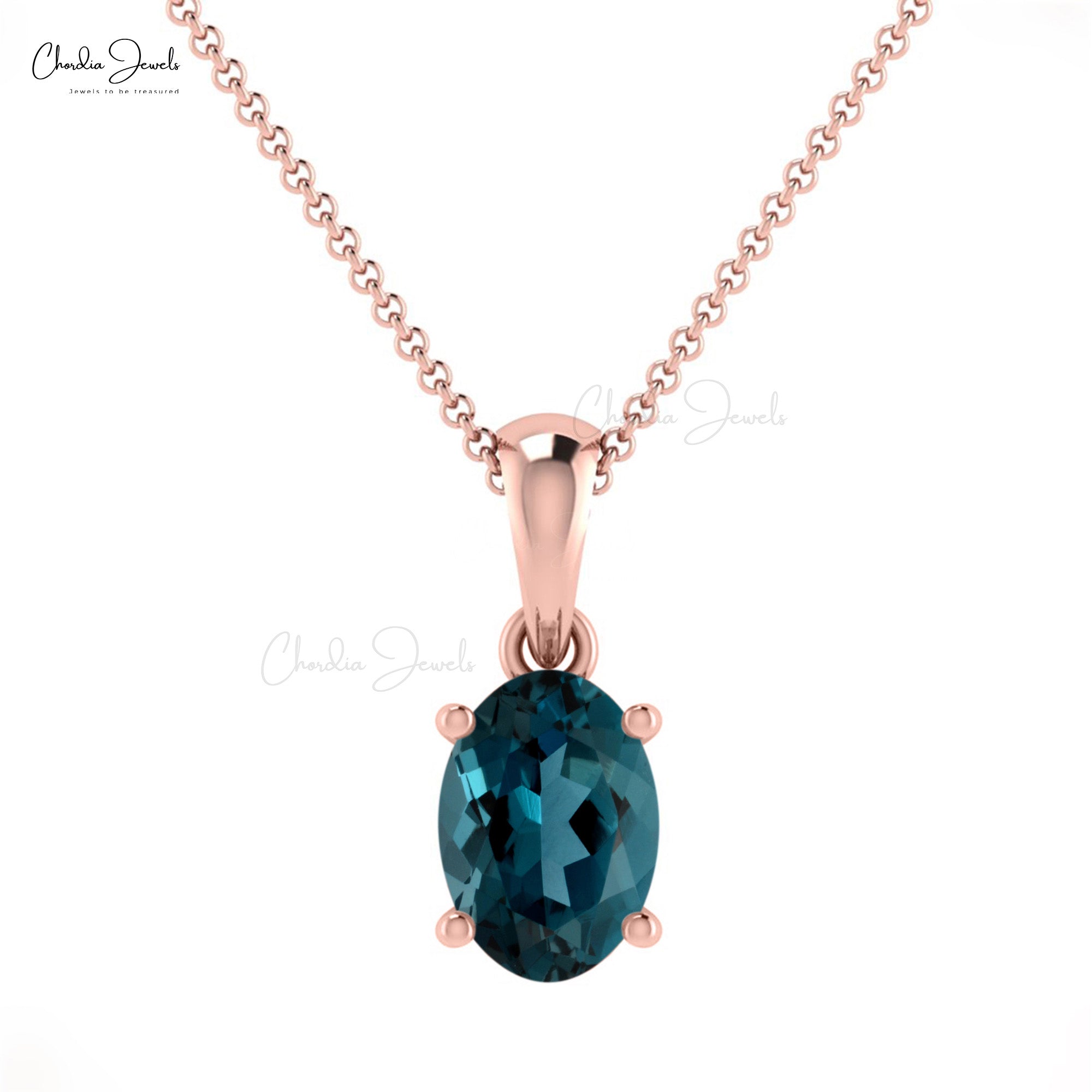 Solitaire Women Pendant In 14k Real Gold London Blue Topaz 6x4mm Gemstone Necklace