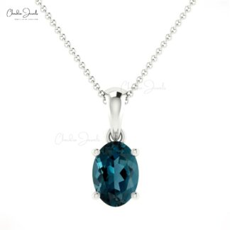 Solitaire Women Pendant In 14k Real Gold London Blue Topaz 6x4mm Gemstone Necklace