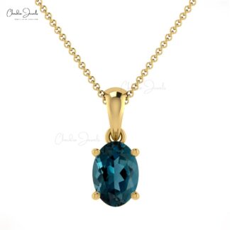 Solitaire Women Pendant In 14k Real Gold London Blue Topaz 6x4mm Gemstone Necklace