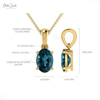 Solitaire Women Pendant In 14k Real Gold London Blue Topaz 6x4mm Gemstone Necklace