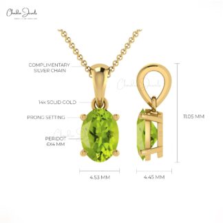 Genuine Peridot Solitaire Pendant in 14k Solid Gold Gemstone Minimal Jewelry For Her
