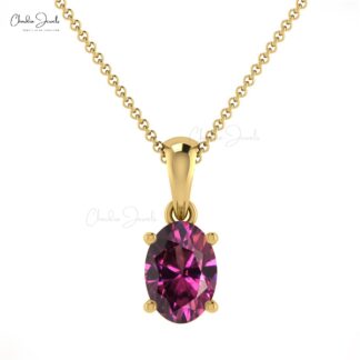 Natural Rhodolite Garnet 6x4mm Gemstone Prong Set in 14k Real Gold Solitaire Pendant