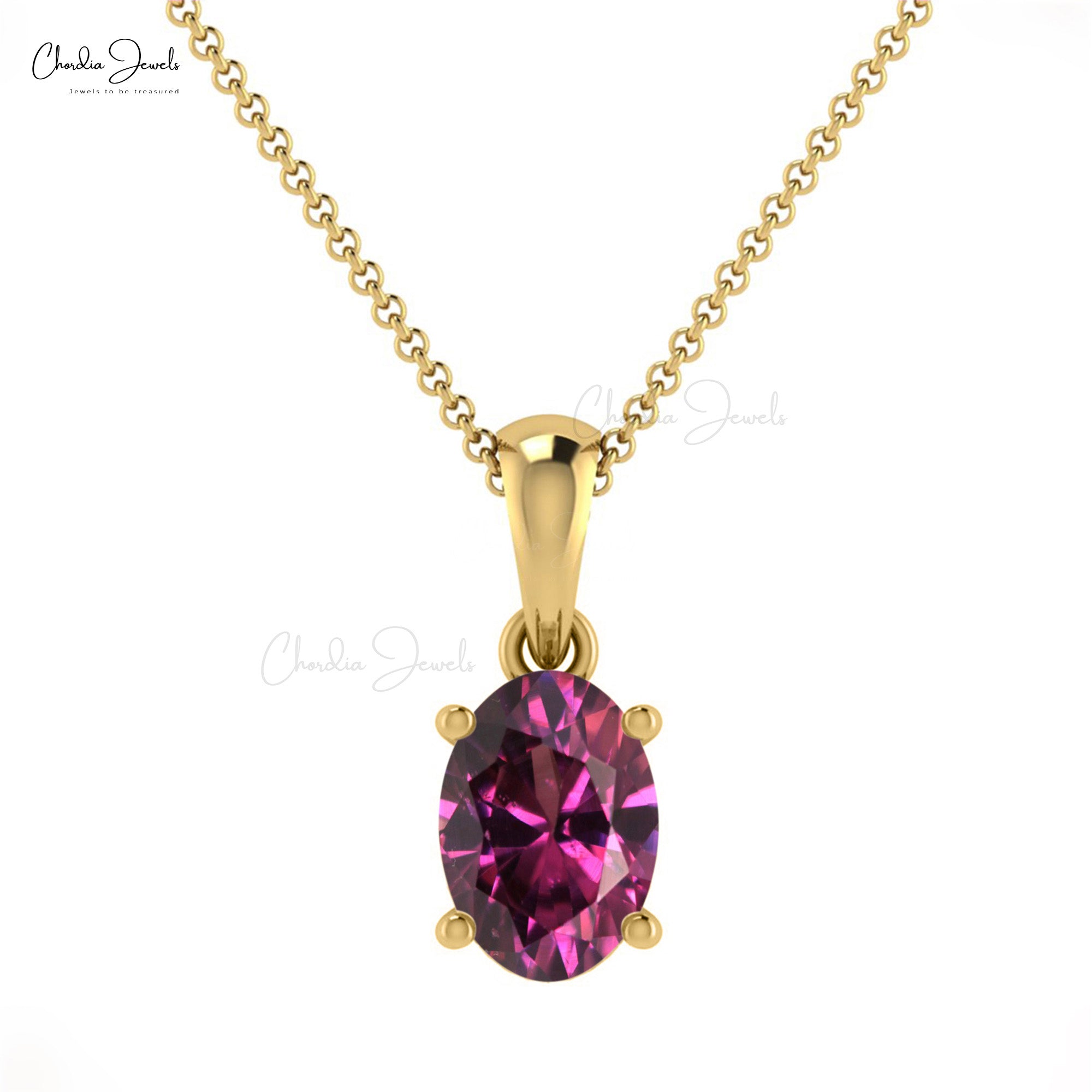 Natural Rhodolite Garnet 6x4mm Gemstone Prong Set in 14k Real Gold Solitaire Pendant