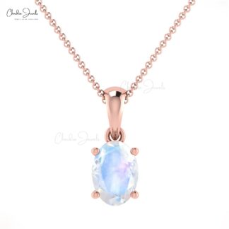Solid 14k Gold Oval Charm With 0.28 Ct Rainbow Moonstone Solitaire Pendant For Mom