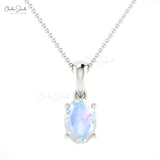 Solid 14k Gold Oval Charm With 0.28 Ct Rainbow Moonstone Solitaire Pendant For Mom