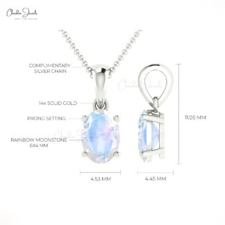 Solid 14k Gold Oval Charm With 0.28 Ct Rainbow Moonstone Solitaire Pendant For Mom