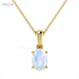 Solid 14k Gold Oval Charm With 0.28 Ct Rainbow Moonstone Solitaire Pendant For Mom