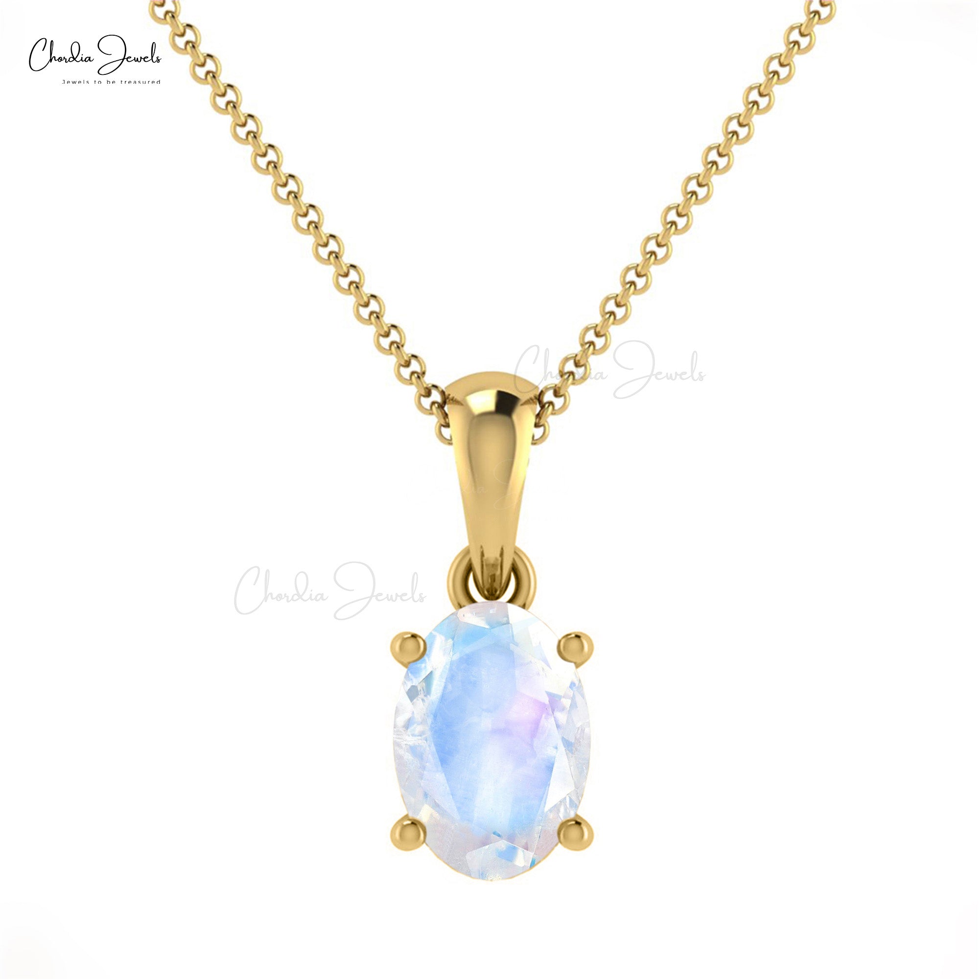 Solid 14k Gold Oval Charm With 0.28 Ct Rainbow Moonstone Solitaire Pendant For Mom