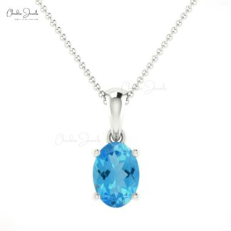 Dangle Gemstone Pendant in 14k Solid Gold Swiss Blue Topaz Minimalist Necklace