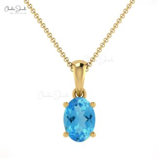 Dangle Gemstone Pendant in 14k Solid Gold Swiss Blue Topaz Minimalist Necklace