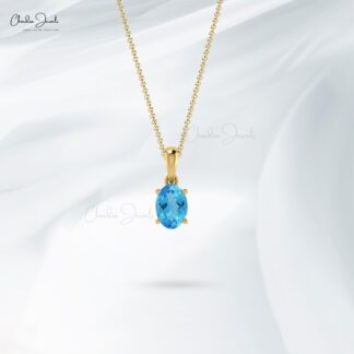 Dangle Gemstone Pendant in 14k Solid Gold Swiss Blue Topaz Minimalist Necklace