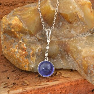 Round Dangle Pendant In 14k White Gold Tanzanite 9mm Cabochon And Diamond Necklace