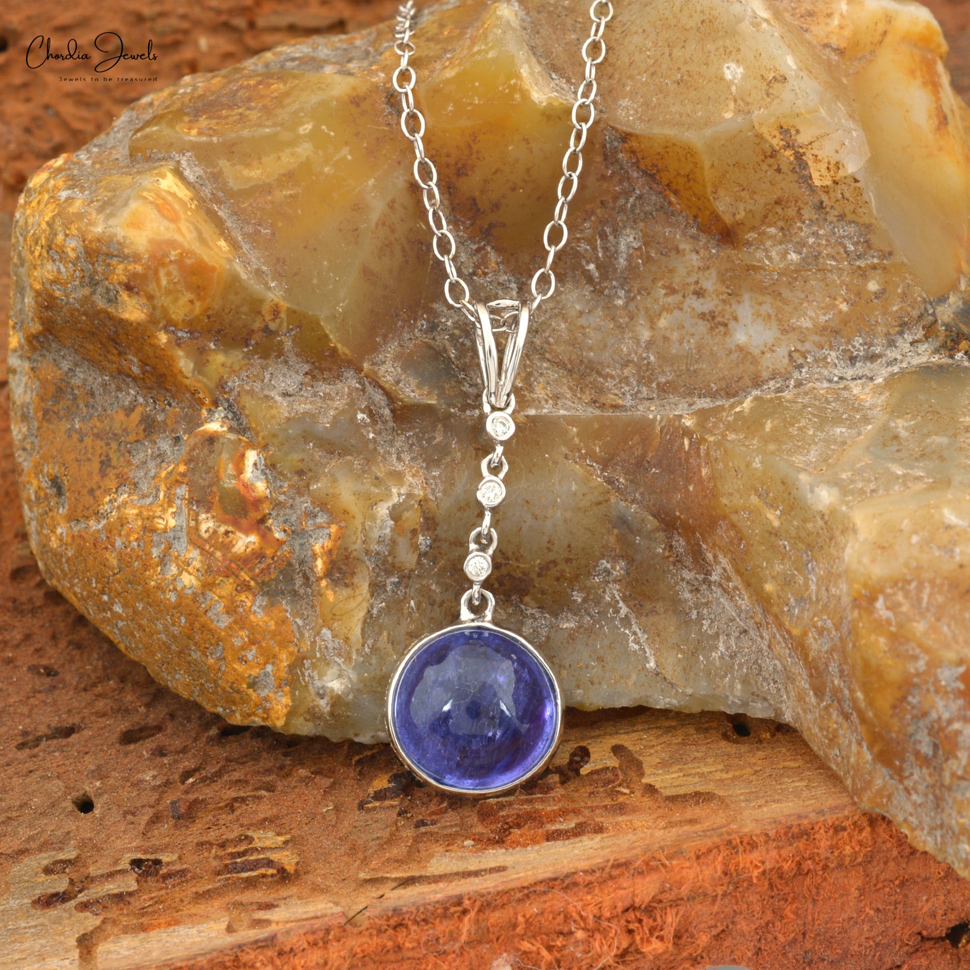 Round Dangle Pendant In 14k White Gold Tanzanite 9mm Cabochon And Diamond Necklace