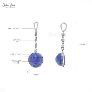 Round Dangle Pendant In 14k White Gold Tanzanite 9mm Cabochon And Diamond Necklace