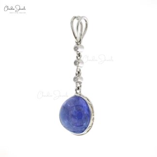 Round Dangle Pendant In 14k White Gold Tanzanite 9mm Cabochon And Diamond Necklace