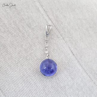 Round Dangle Pendant In 14k White Gold Tanzanite 9mm Cabochon And Diamond Necklace