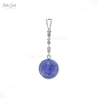 Round Dangle Pendant In 14k White Gold Tanzanite 9mm Cabochon And Diamond Necklace