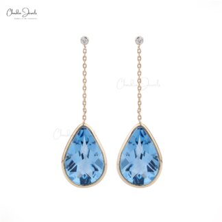 Pear Drop Earring With 9.36 Ct Swiss Blue Topaz Diamond Dangle Earrings In 14k Yellow Gold