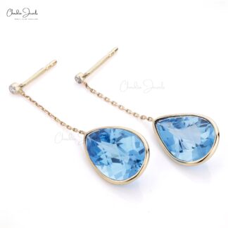 Pear Drop Earring With 9.36 Ct Swiss Blue Topaz Diamond Dangle Earrings In 14k Yellow Gold