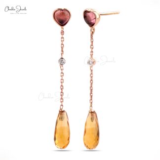 Diamond Dangler Earring In 14k Rose Gold Citrine And 4mm Heart Tourmaline Women Earrings