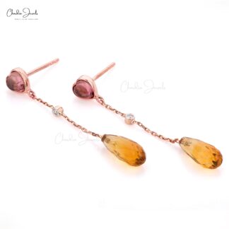 Diamond Dangler Earring In 14k Rose Gold Citrine And 4mm Heart Tourmaline Women Earrings