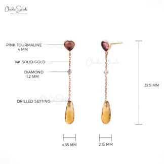 Diamond Dangler Earring In 14k Rose Gold Citrine And 4mm Heart Tourmaline Women Earrings