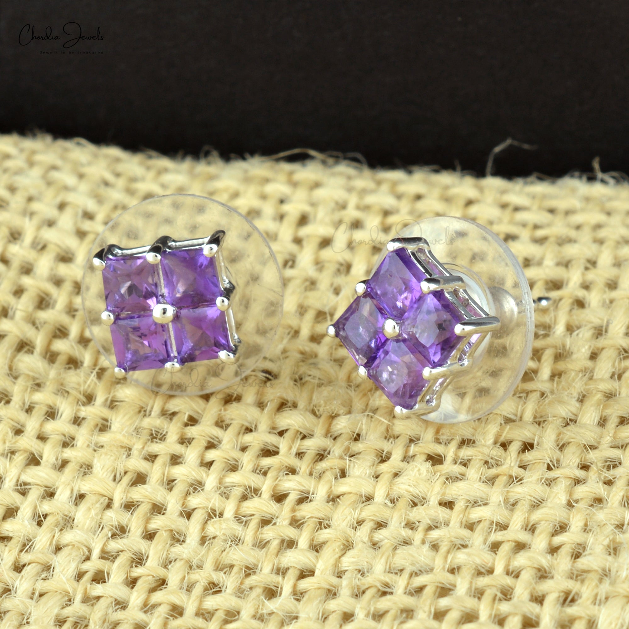 Four Stone Cluster Studs In Pure 14k White Gold Amethyst 3mm Gemstone Dainty Earrings