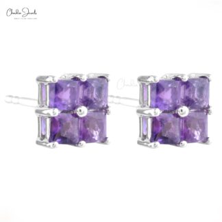 Four Stone Cluster Studs In Pure 14k White Gold Amethyst 3mm Gemstone Dainty Earrings